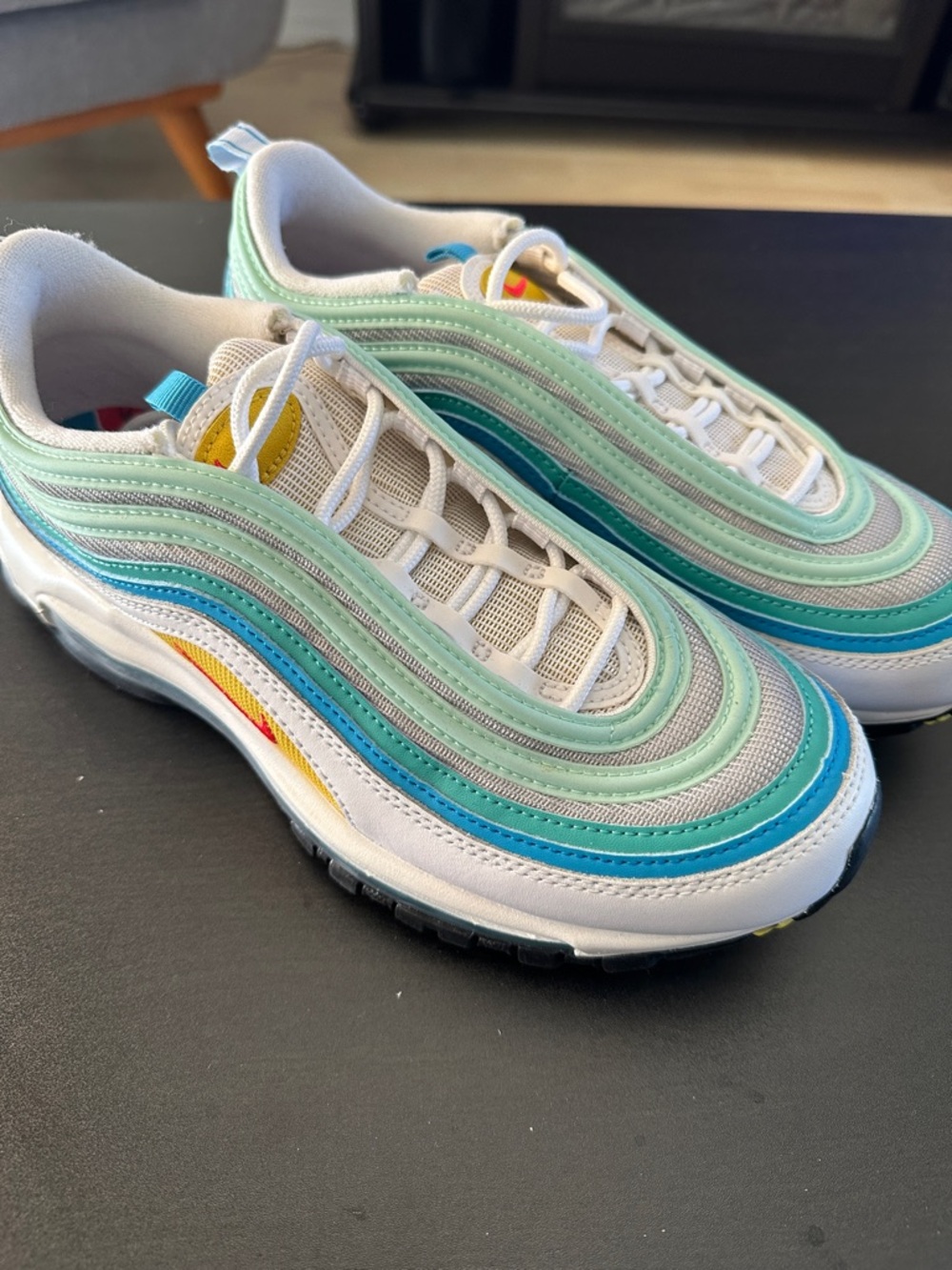 Nike Air Max 97 Women's White Mint Teal Blue with Yellow Accent